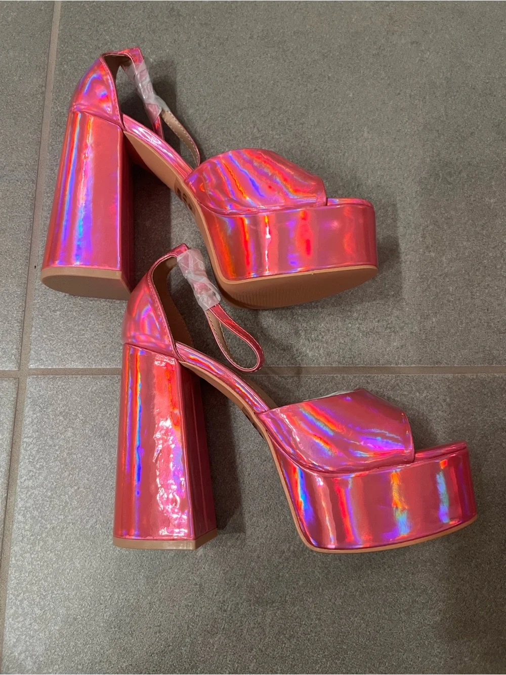 New Holographic Pink Patent Leather Platform Chunky Heels - Iridescent Metallic